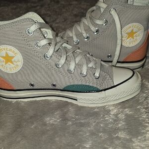 Converse Womens High-Tops - Gray with Green and Orange Accents